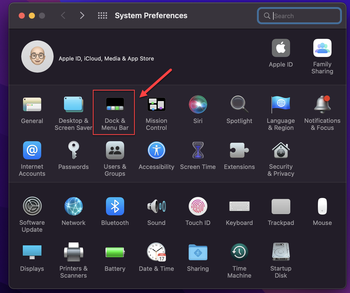 Select Dock & menu bar