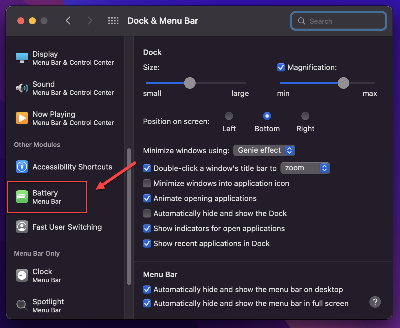 Click on Battery