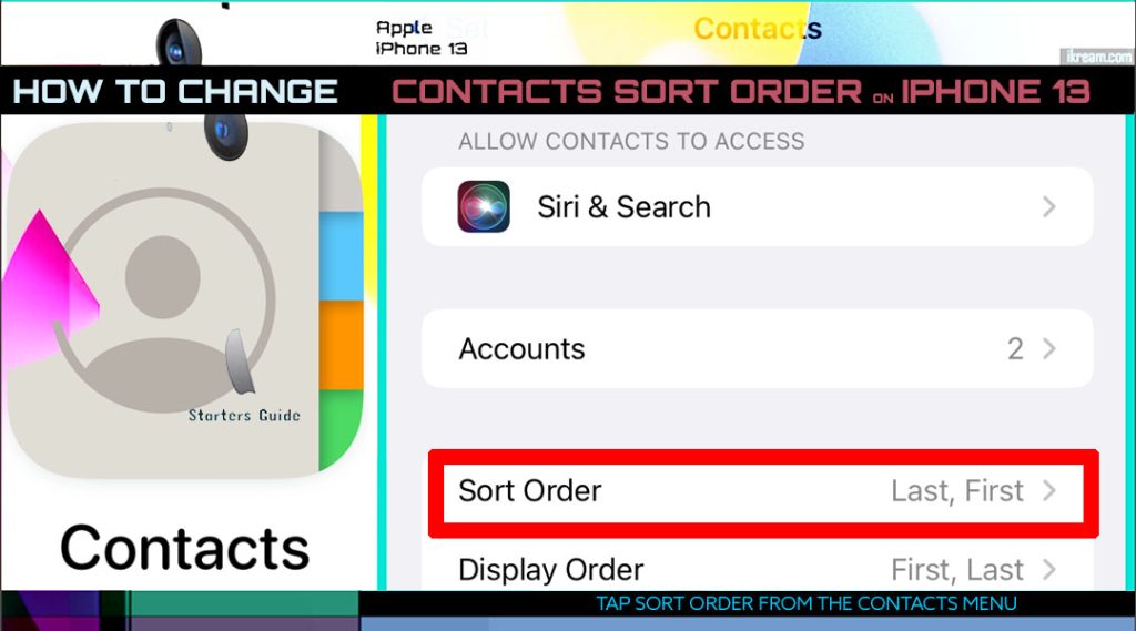 change iphone13 sort contacts order SORT ORDER
