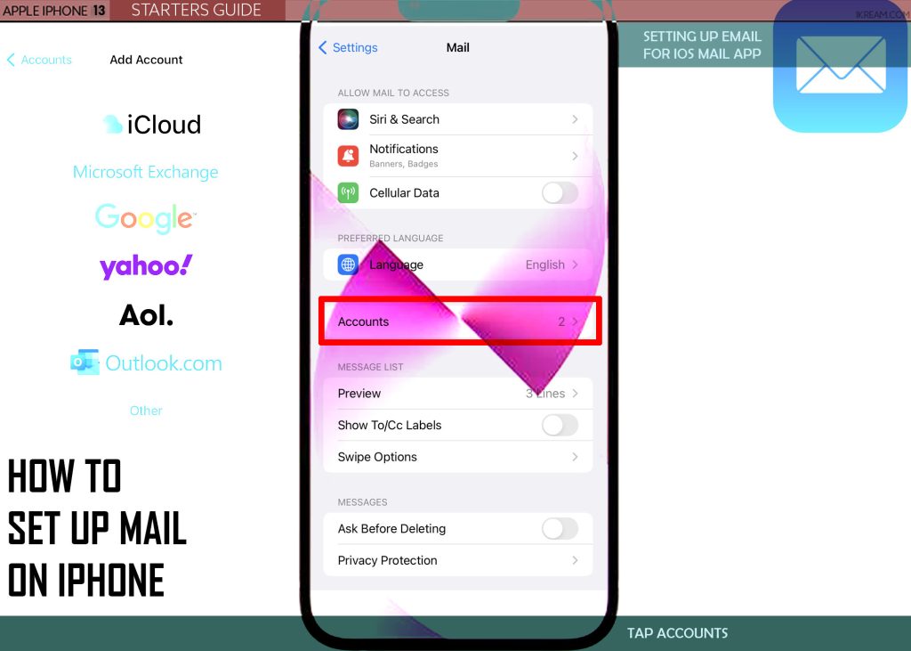 set up mail on iphone ACCOUNTS
