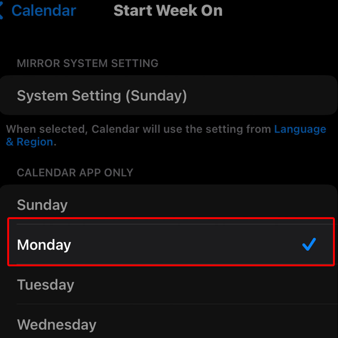 iphone14 calendar start day of week4