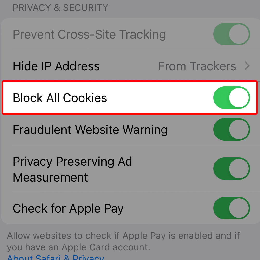 safari block all cookies grayed out