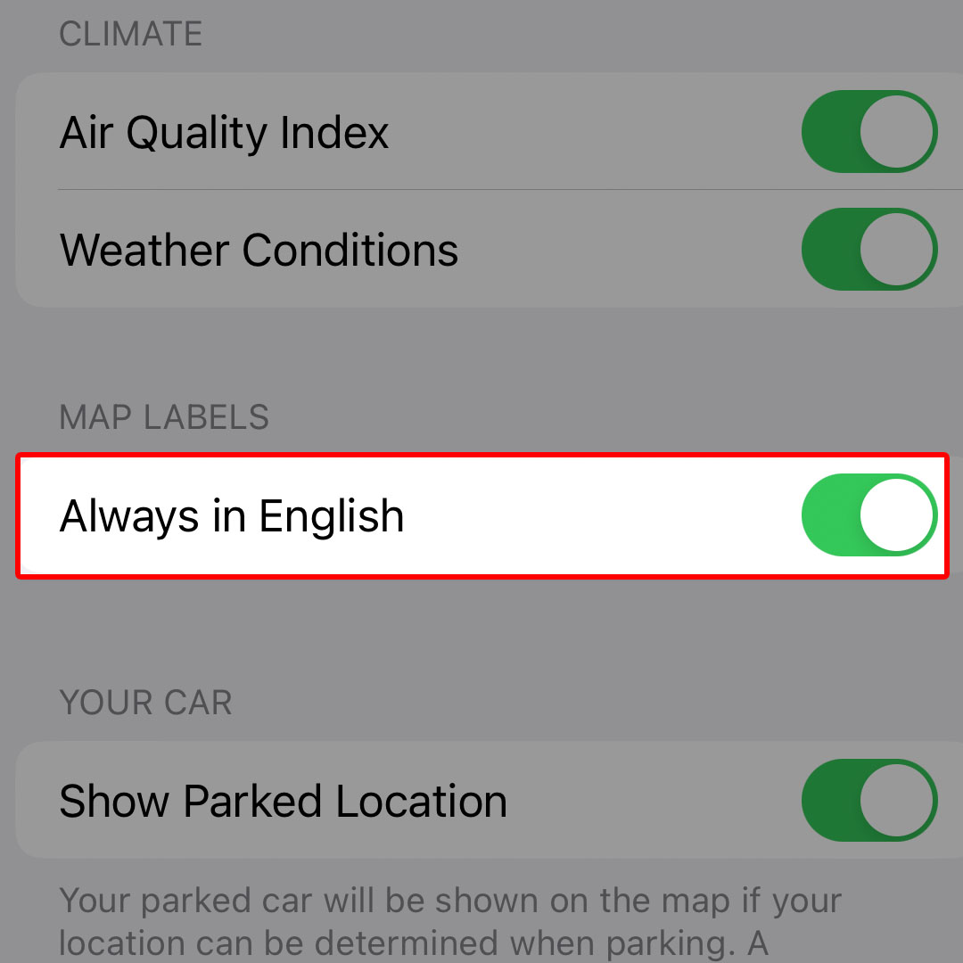 use english only labels iphone14 maps3