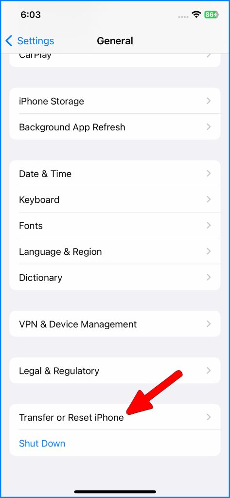 Tap Transfer or Reset iPhone