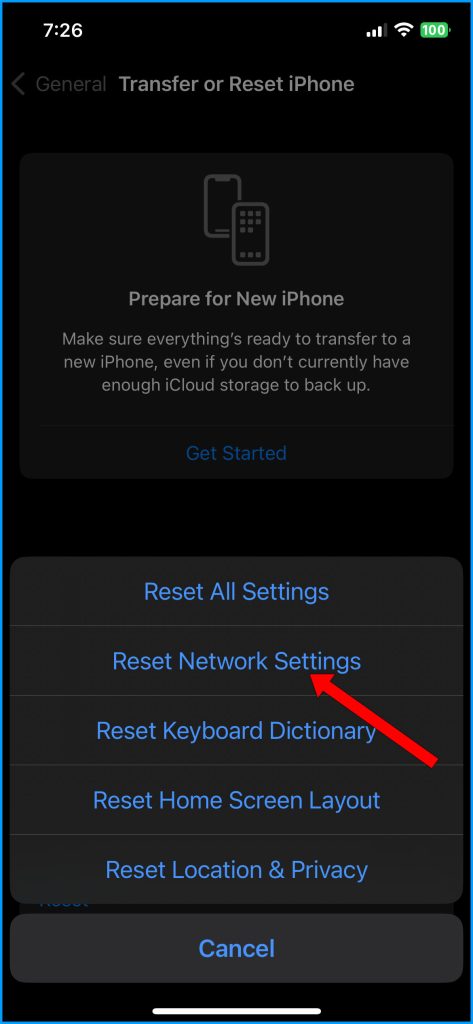 Select Reset Network Settings