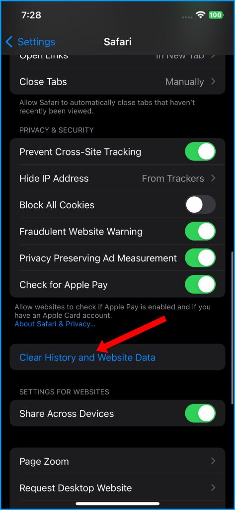 Tap Clear History and Website Data