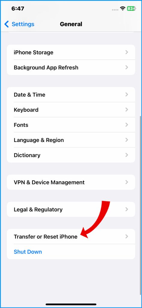 Tap Transfer or Reset iPhone