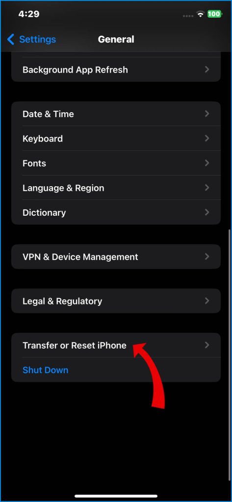 Tap Transfer or Reset iPhone