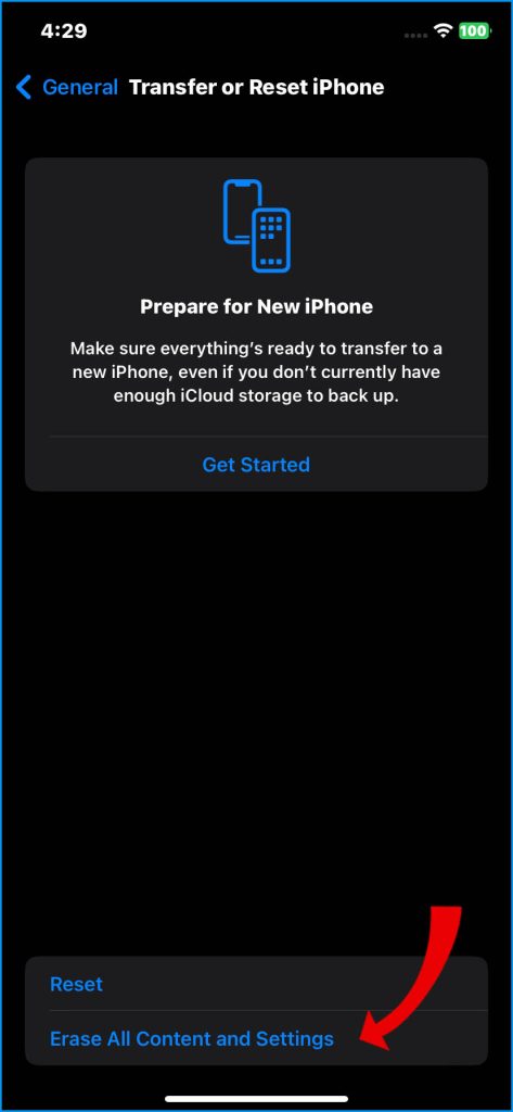 Tap Erase All Content and Settings