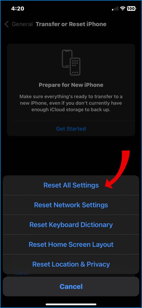 Select Reset All Settings