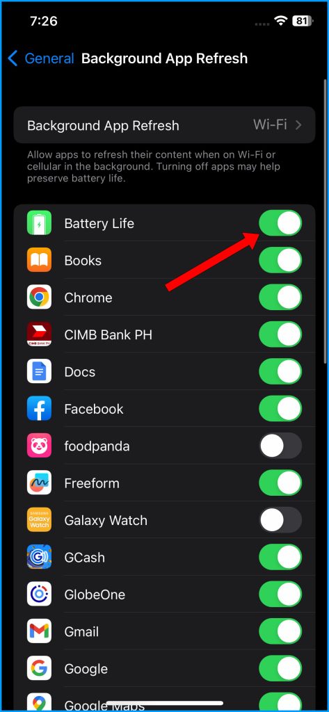 Disable the apps you don't need to refresh in the background