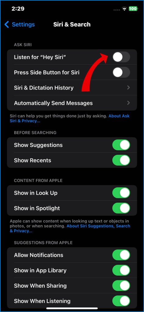 How to Fix iPhone 14 Battery Draining Overnight 15 Turn Off Listen for Hey Siri toggle