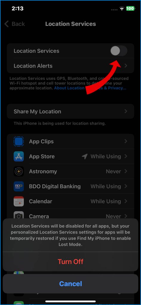 Turn off Location Services for All Apps and system Services