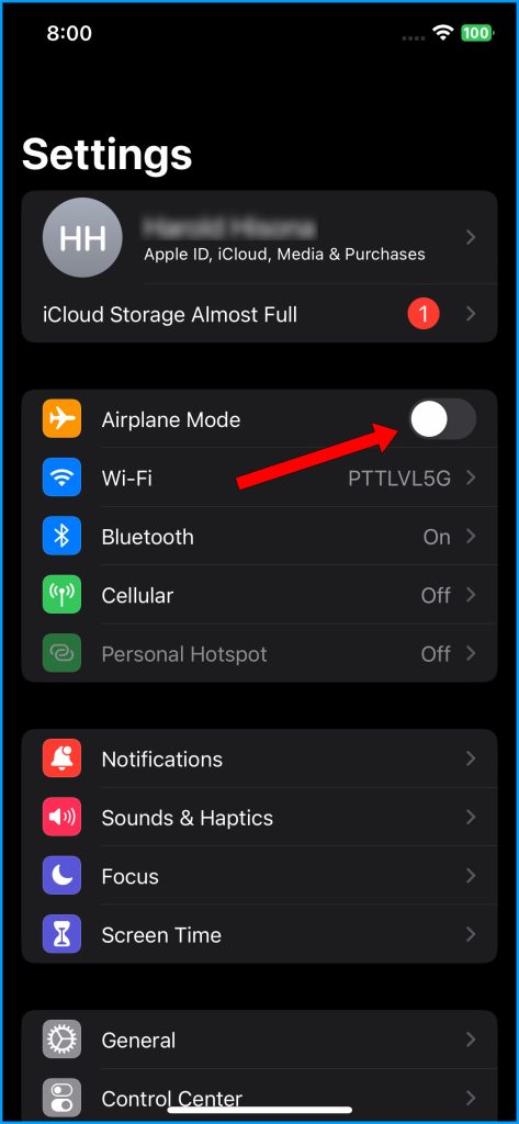 Tap the Airplane Mode switch to enable it