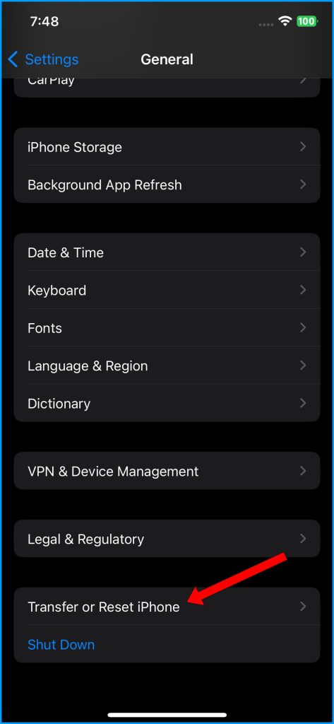 Tap Transfer or Reset iPhone
