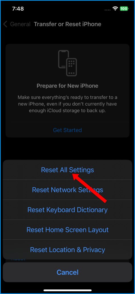 Select Reset All Settings