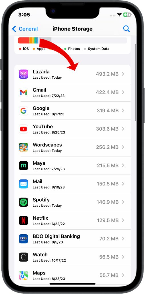 View app storage usage