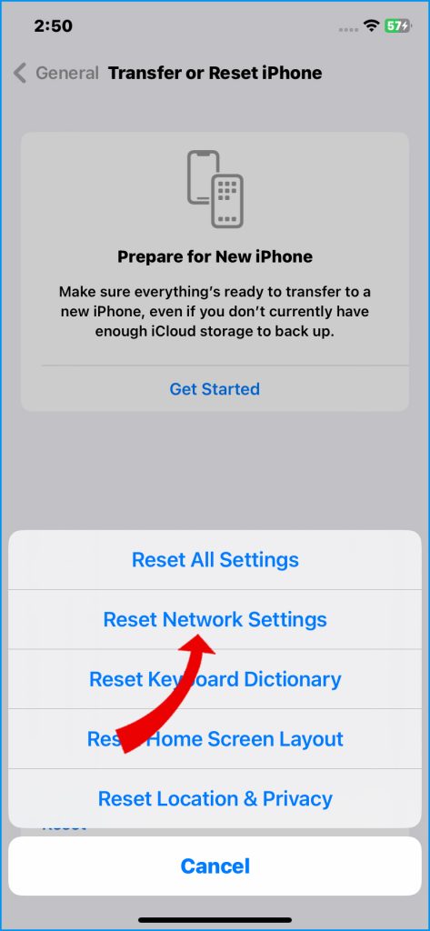 Tap Reset Network Settings