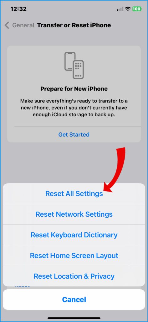 Tap Reset All Settings