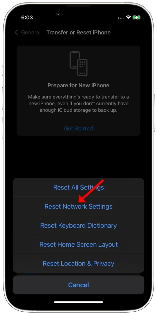 tap reset network settings