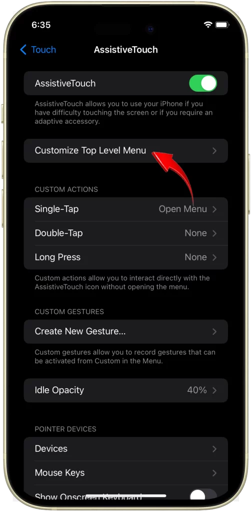 Tap Customize Top Level Menu