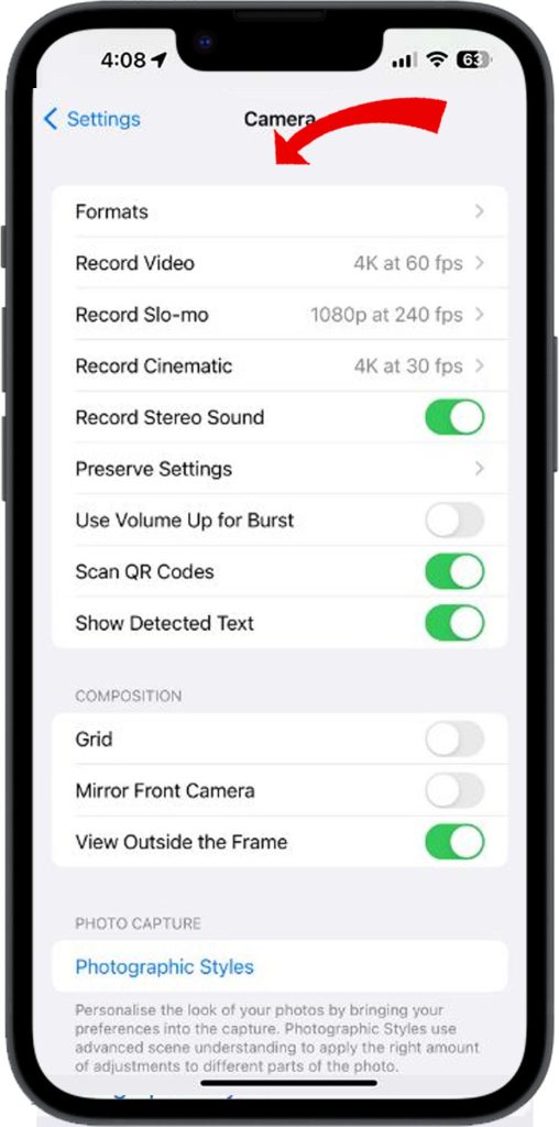 Open iPhone 14 Camera Settings