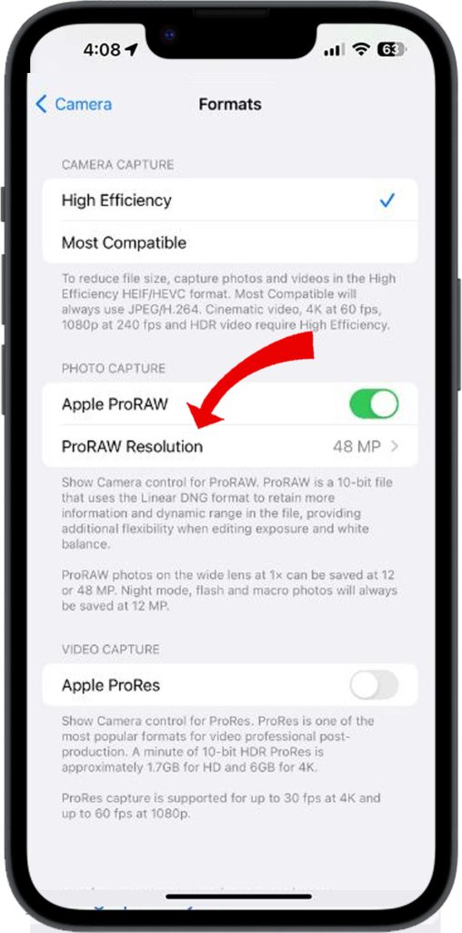 How to Troubleshoot iPhone 14 Blurry Photos and Videos 12 Adjust ProRAW resolution