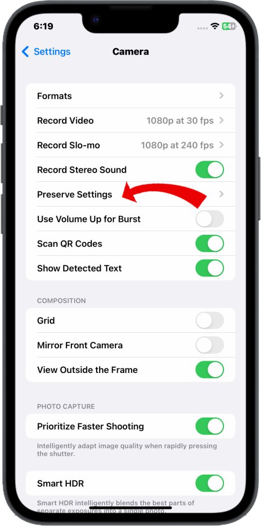 iPhone 14 Camera Preserve settings