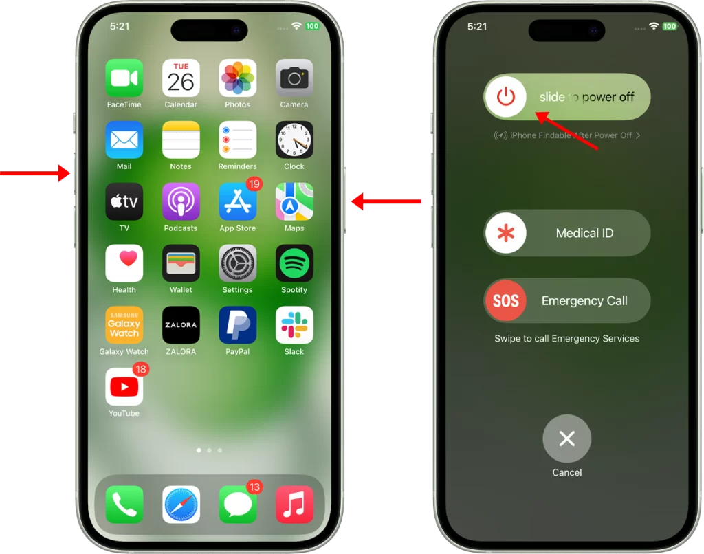 To restart your iPhone, simply press and hold the power button and either of the volume keys until the slide to power off screen appears. Then, slide the power button to the right to turn off your iPhone. Once it's turned off, press and hold the power button again to turn it back on.