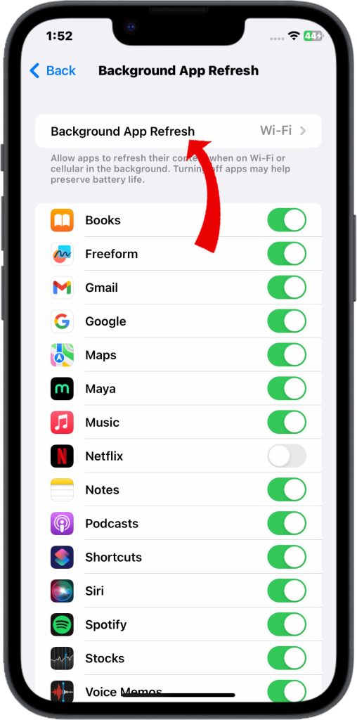 How to Troubleshoot iPhone 14 Battery Draining While on Wi-Fi 6 Tap Background App Refresh 2