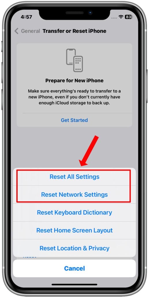 iPhone XR reset all settings reset network settings