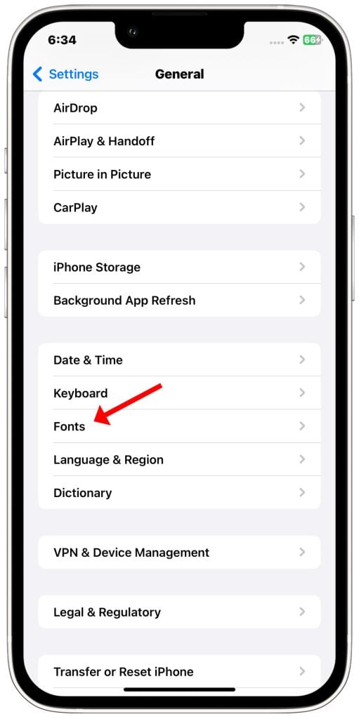 iPhone Fonts settings