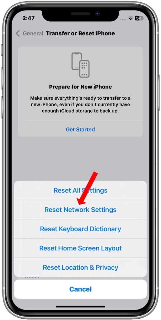 iphone reset network settings