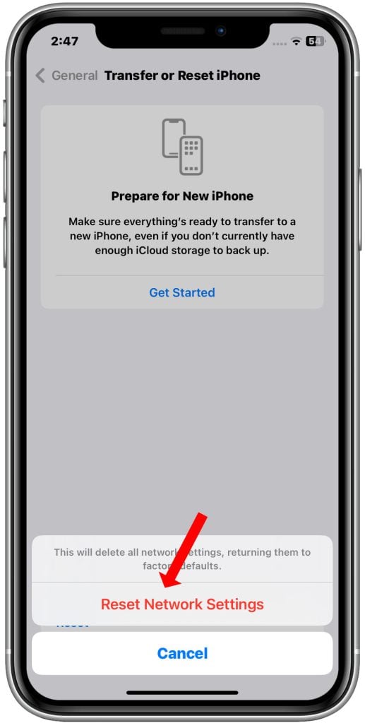 confirm network settings reset iphone