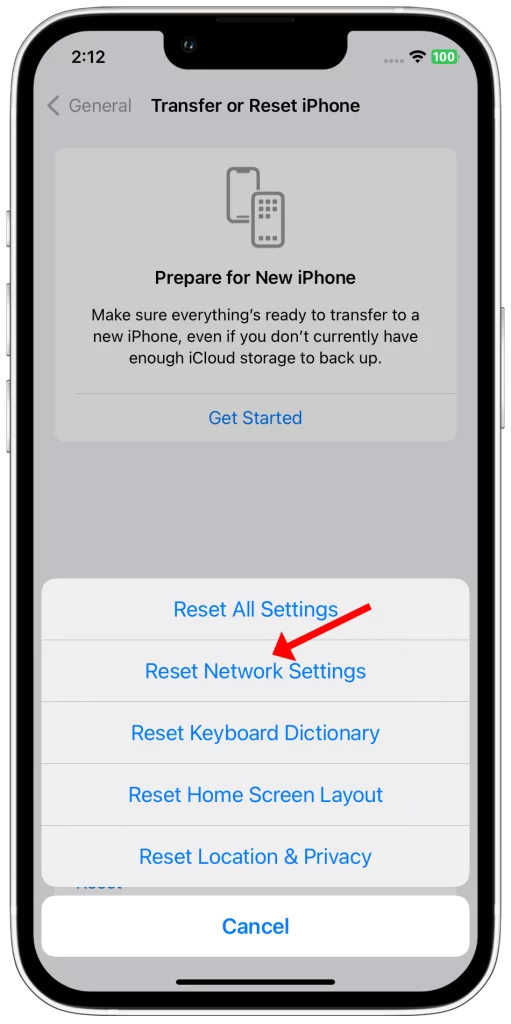 select reset network settings