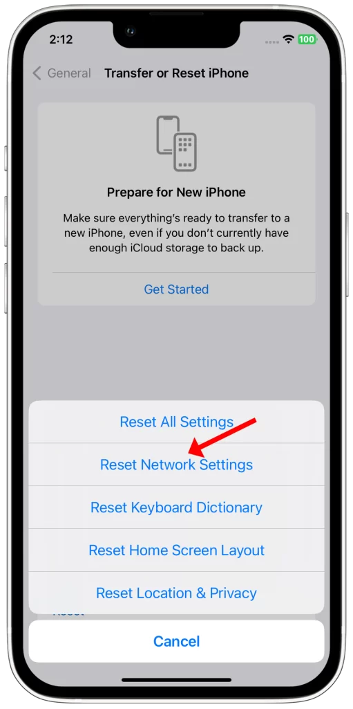 tap reset network settings