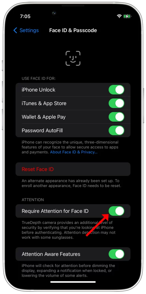 require attention for face id