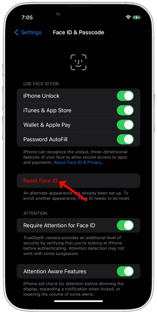 tap reset face id
