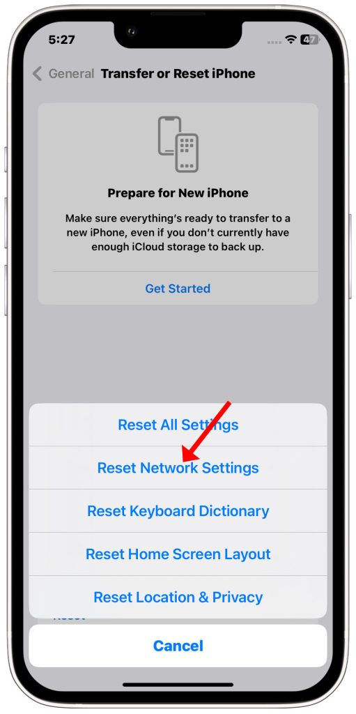 reset network settings iphone