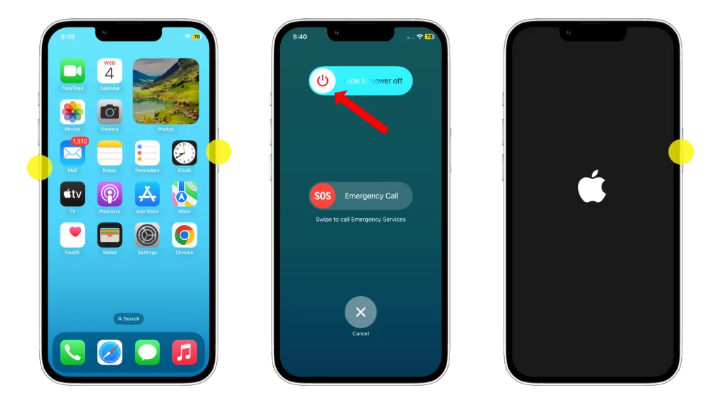 To restart your iPhone, press and hold the Side button and either of the volume keys until the power slider appears. Then, slide the slider to the right to turn off your phone. After a few seconds, press and hold the Side button again to turn on your phone.