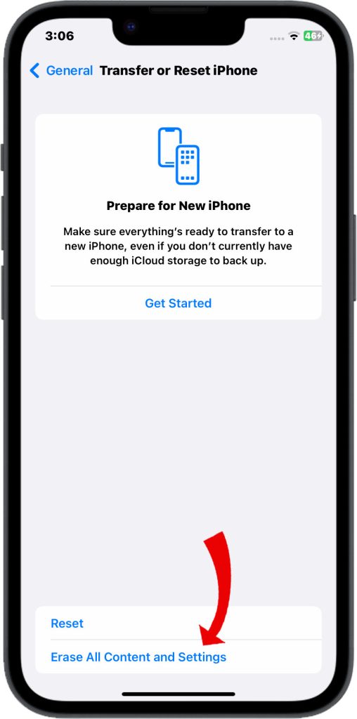 Tap Erase All Content and Settings.