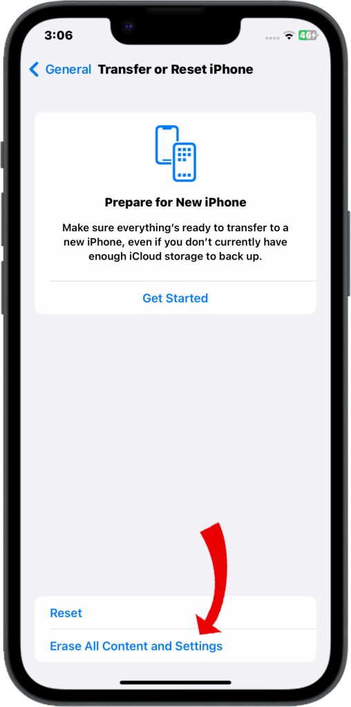 Tap Erase All Content and Settings.