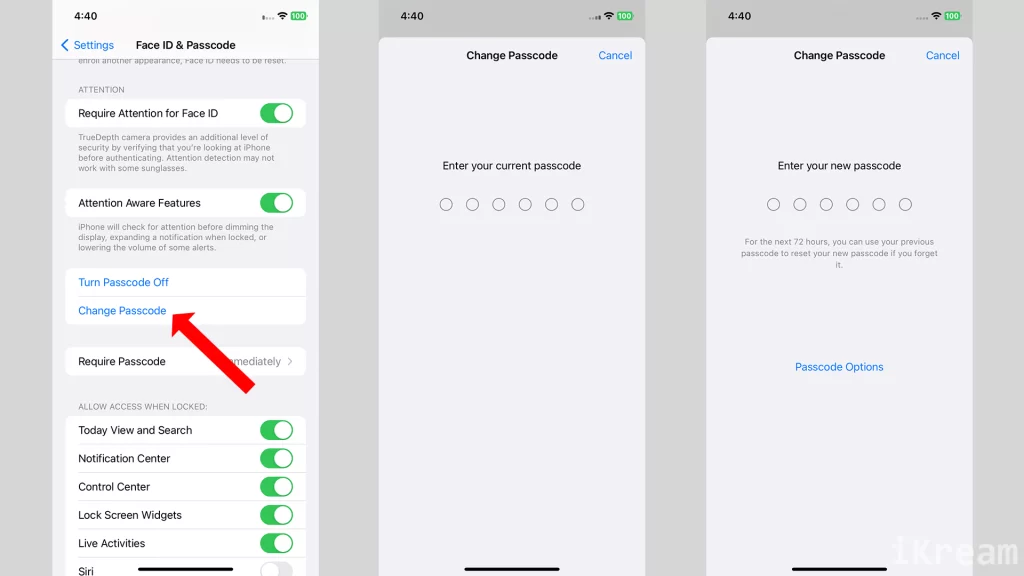 Tap Change Passcode and enter your current passcode to verify. 

Enter your new Passcode and confirm it.