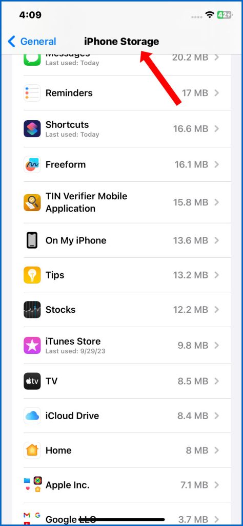 iPhone Storage menu