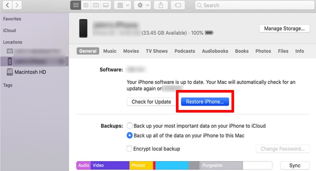 factory reset iPhone XR through iTunes