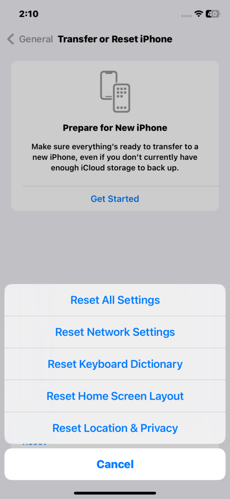 iPhone Reset Network Settings option