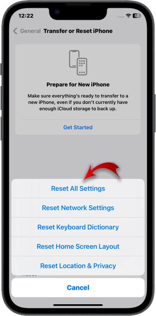 reset all settings iphone