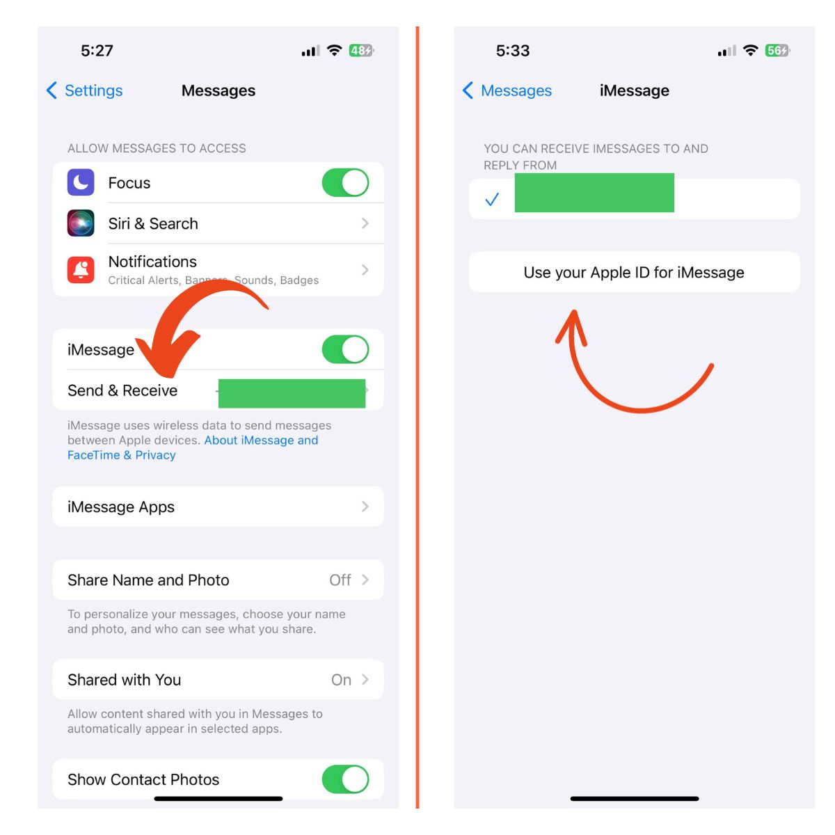 Sign out and into iMessage