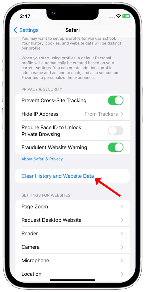 tap clear history and website data