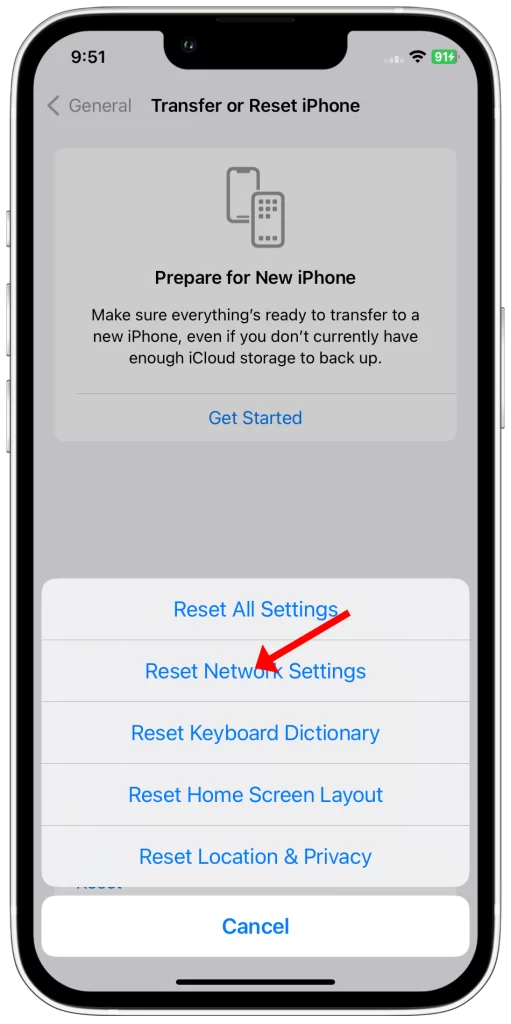 tap reset network settings